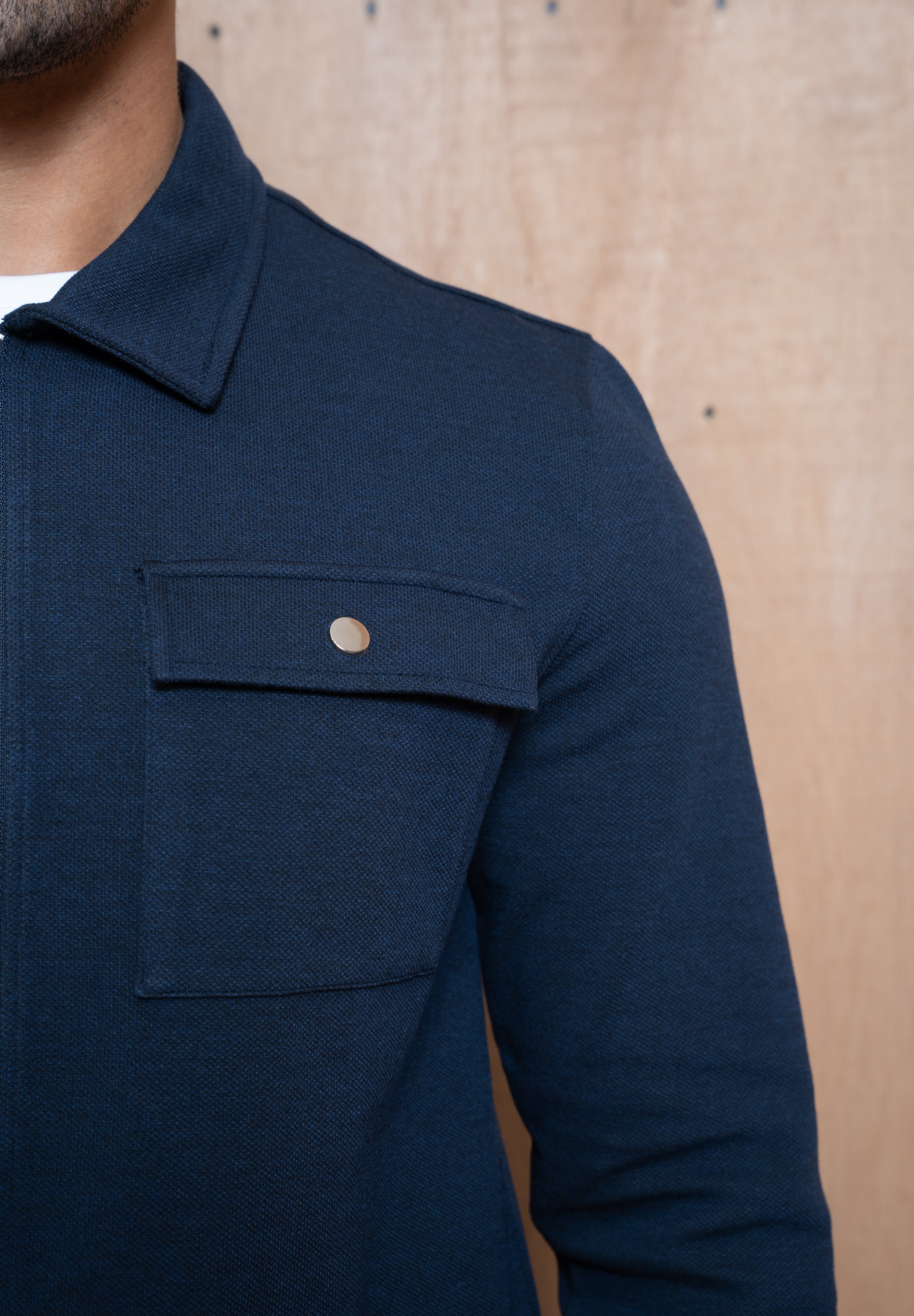 Capo Joe Pique Zip Up Overshirt - Navy