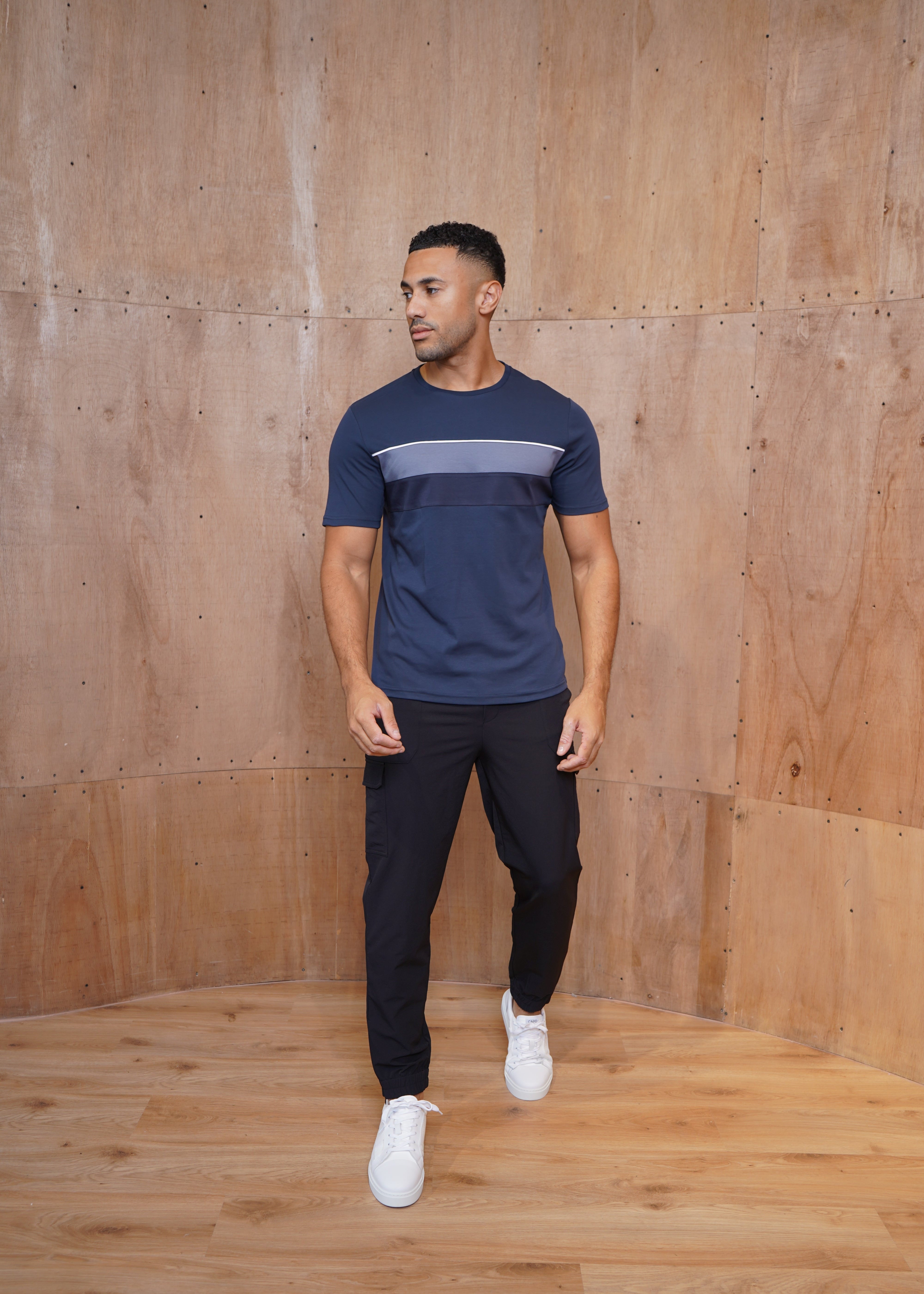 Capo Mercerised Stripe Colour Block T-Shirt - Navy