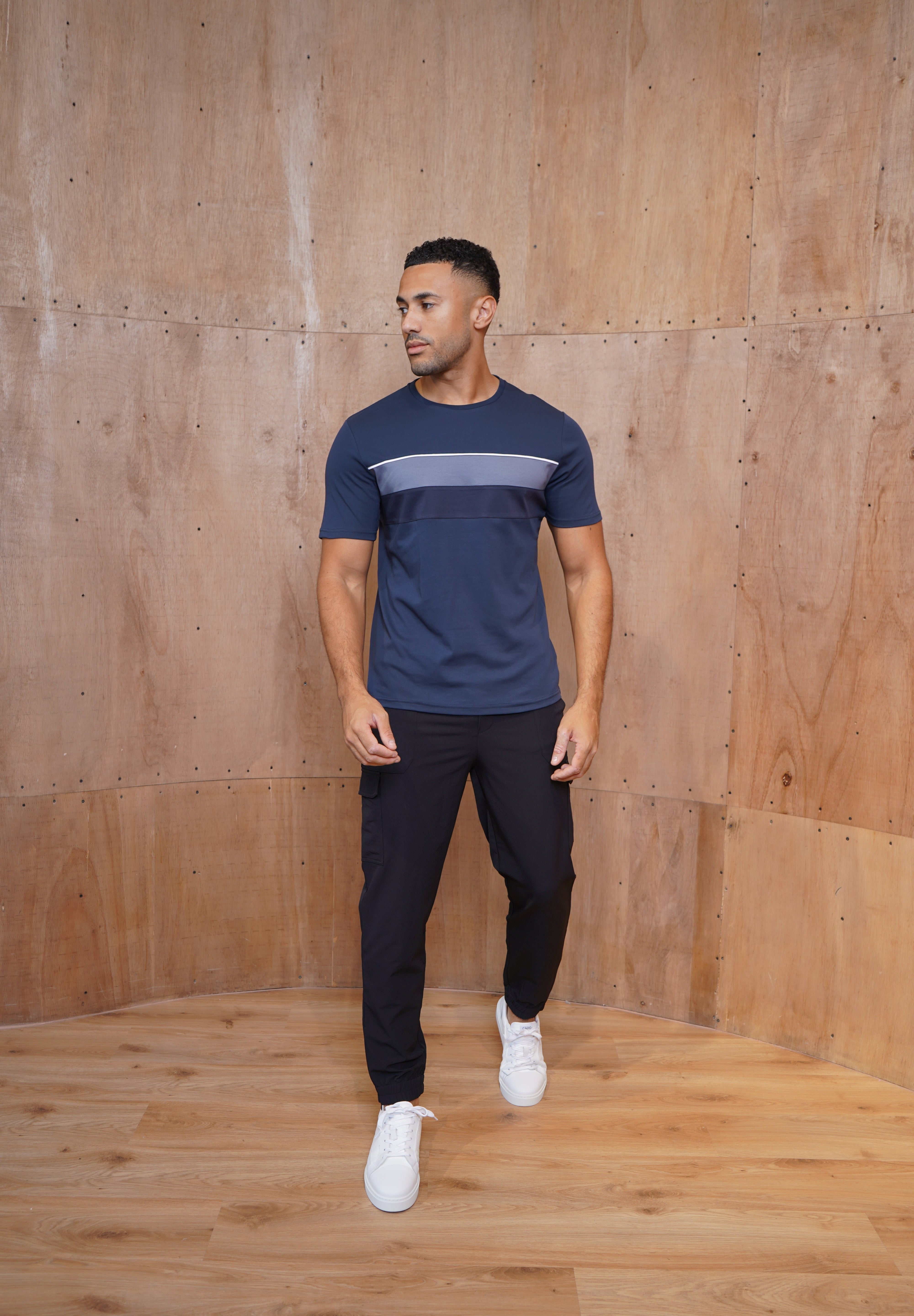 Capo Mercerised Stripe Colour Block T-Shirt - Navy