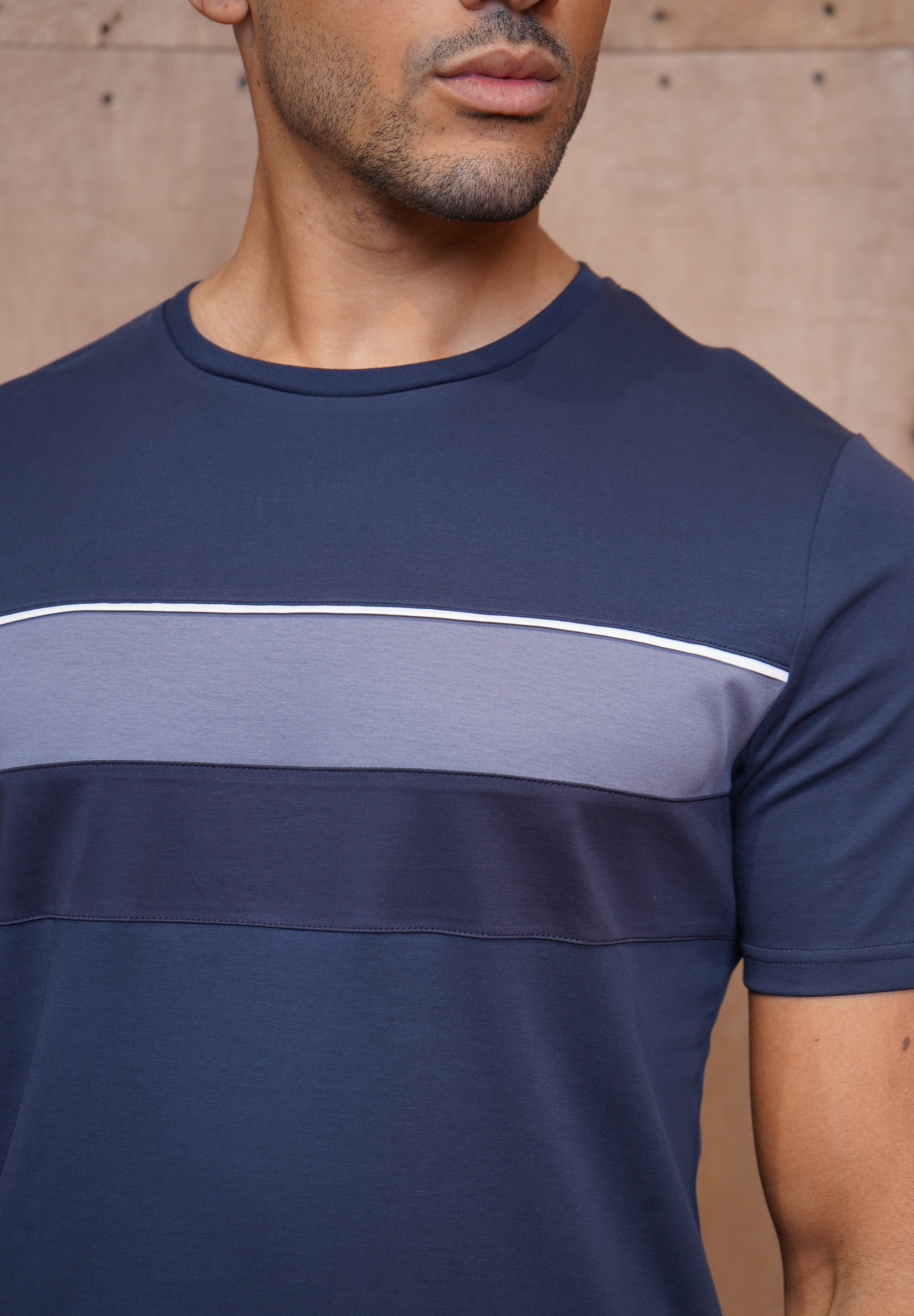 Capo Mercerised Stripe Colour Block T-Shirt - Navy