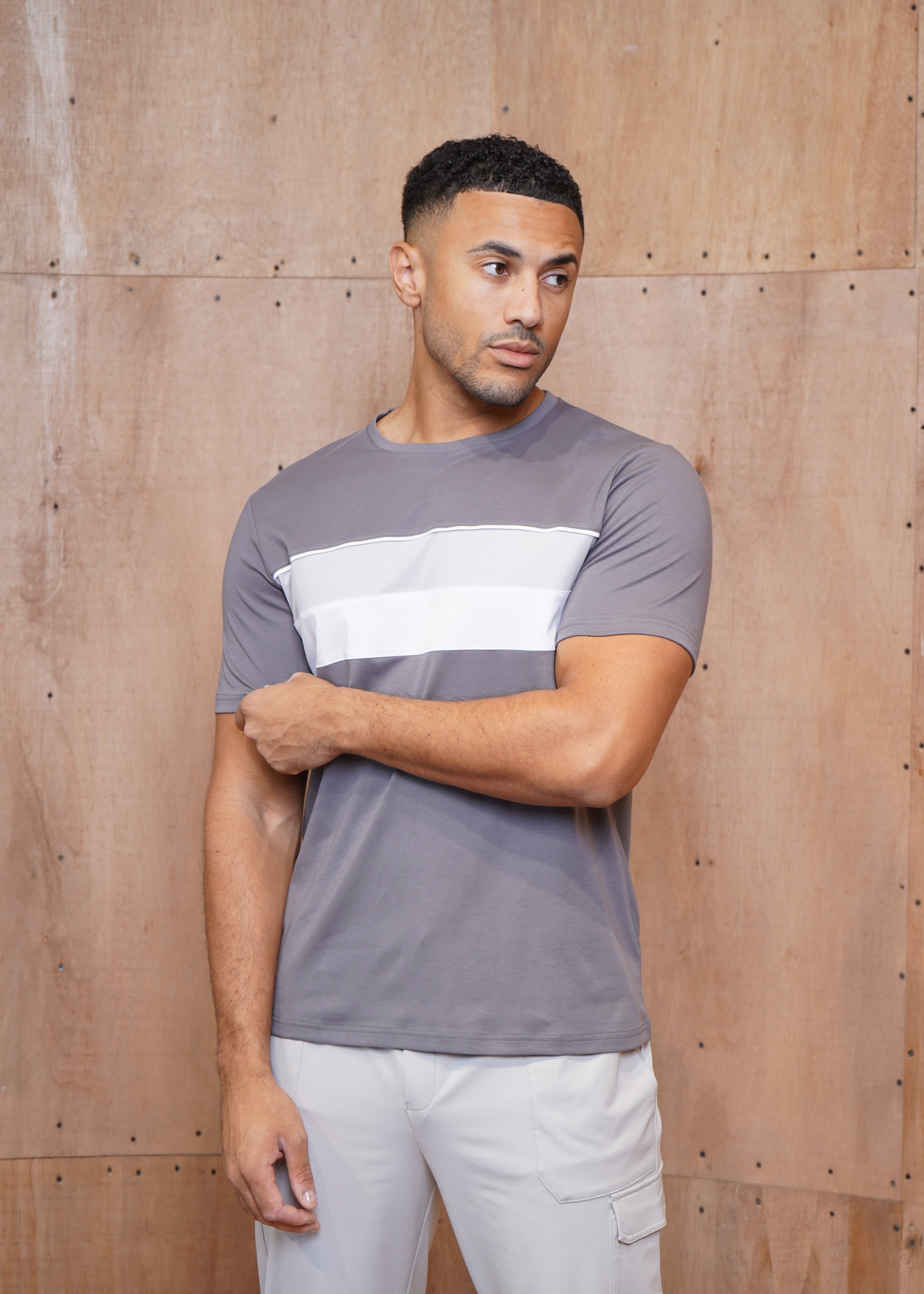 Capo Mercerised Stripe Colour Block T-Shirt - Charcoal