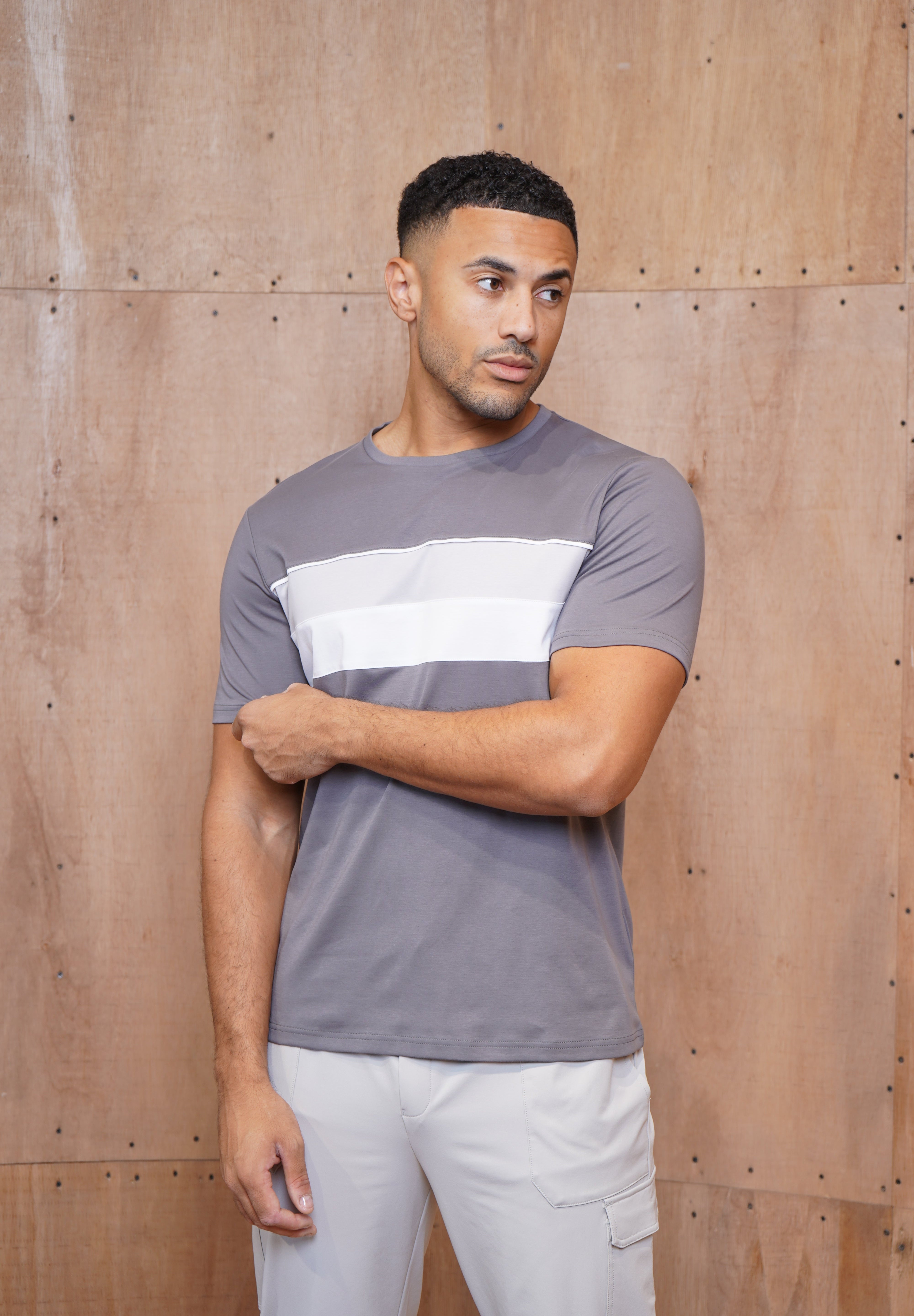 Capo Mercerised Stripe Colour Block T-Shirt - Charcoal