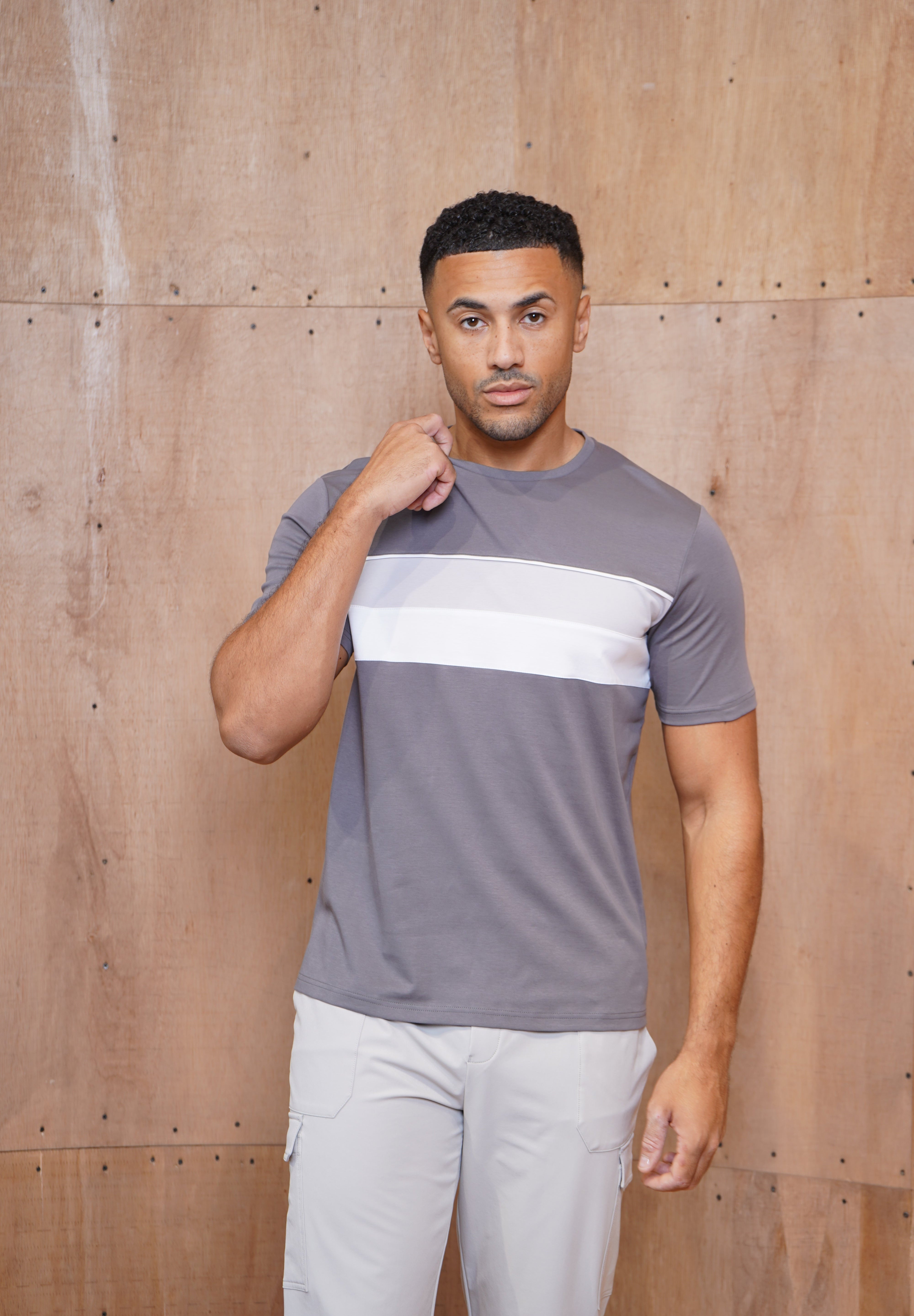 Capo Mercerised Stripe Colour Block T-Shirt - Charcoal