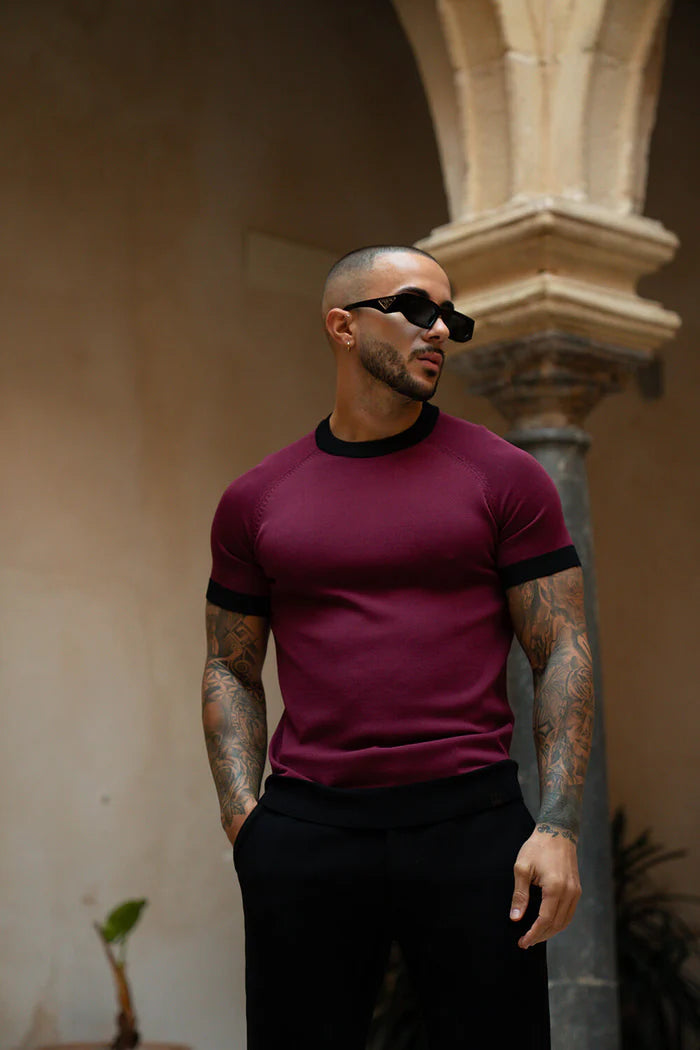 Sinners Attire - Capri Ringer Knit Tee - Burgundy