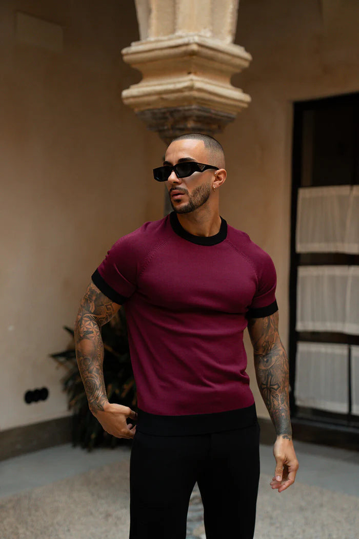Sinners Attire - Capri Ringer Knit Tee - Burgundy