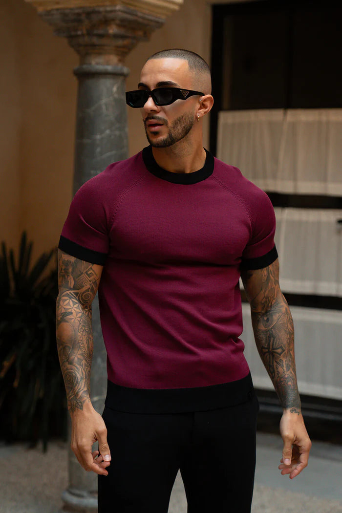 Sinners Attire - Capri Ringer Knit Tee - Burgundy