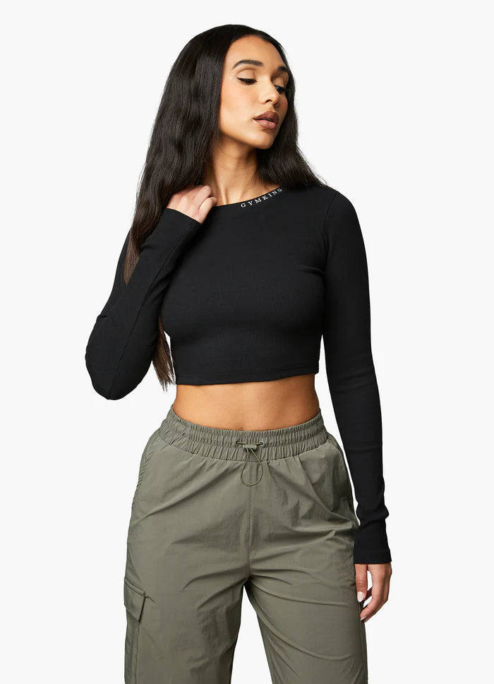 Gym King Utility Rib LS Crop Top - Black