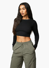 Gym King Utility Rib LS Crop Top - Black