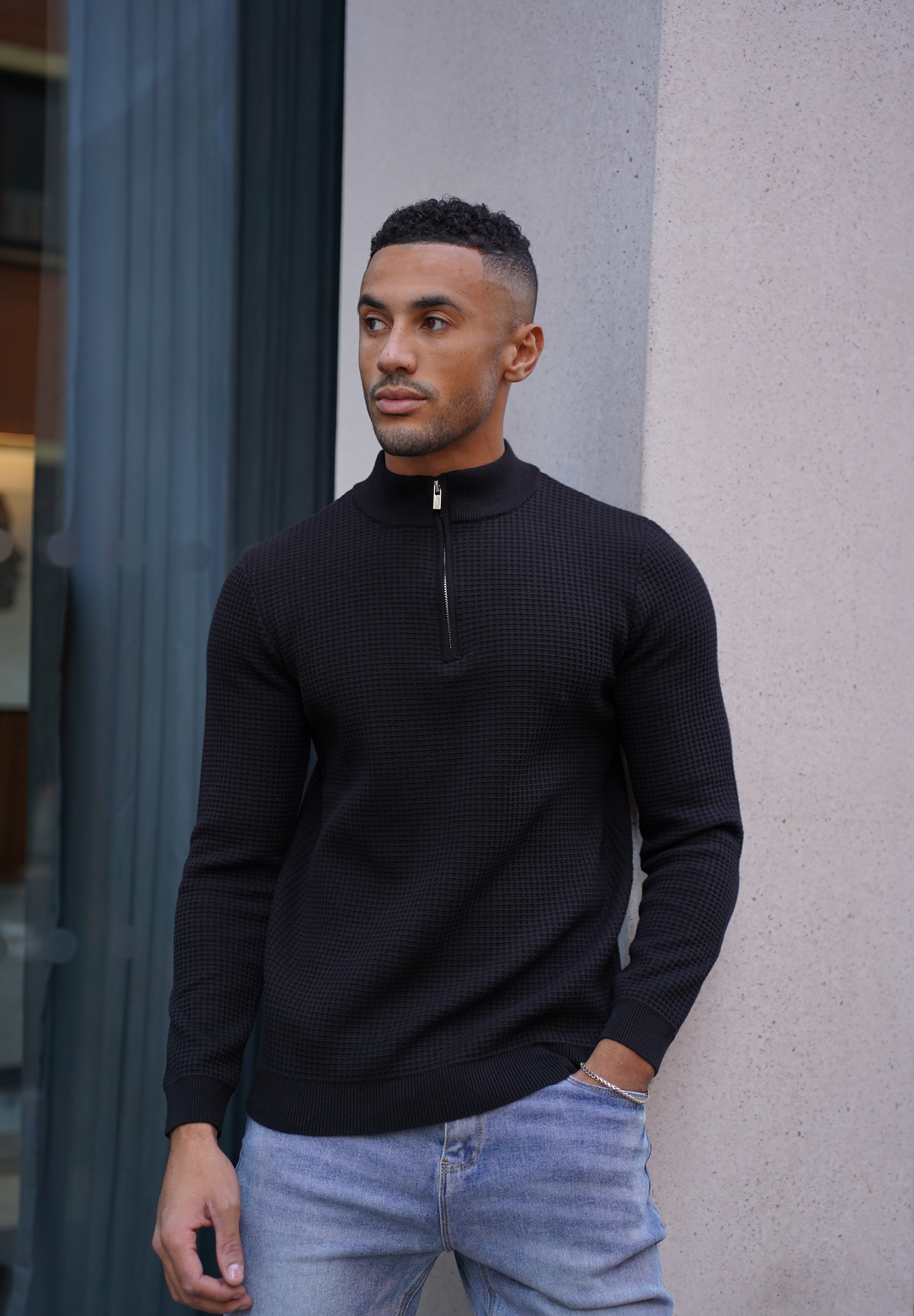 Capo WAFFLE Cotton 1/4 Zip Jumper - Black