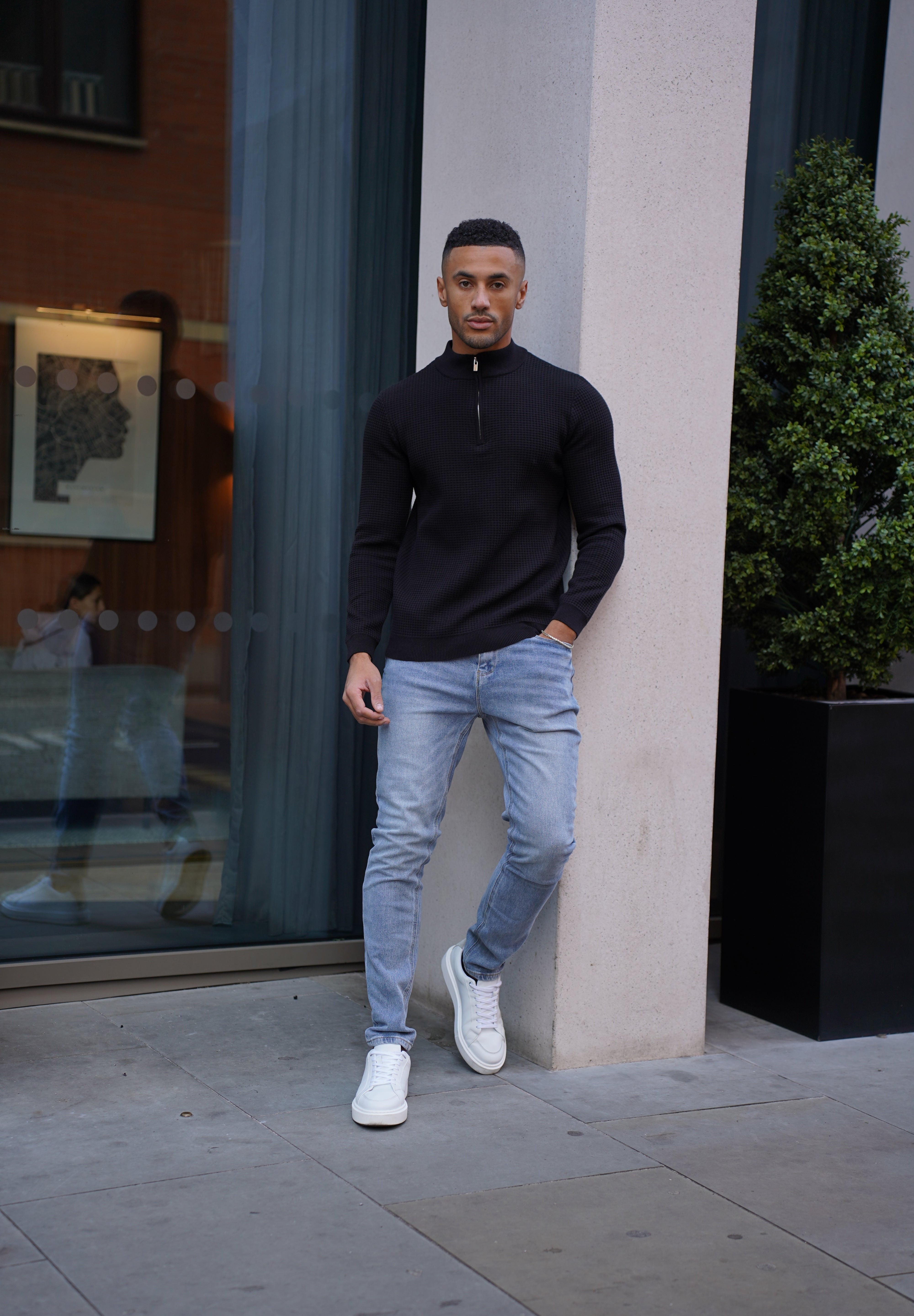 Capo WAFFLE Cotton 1/4 Zip Jumper - Black