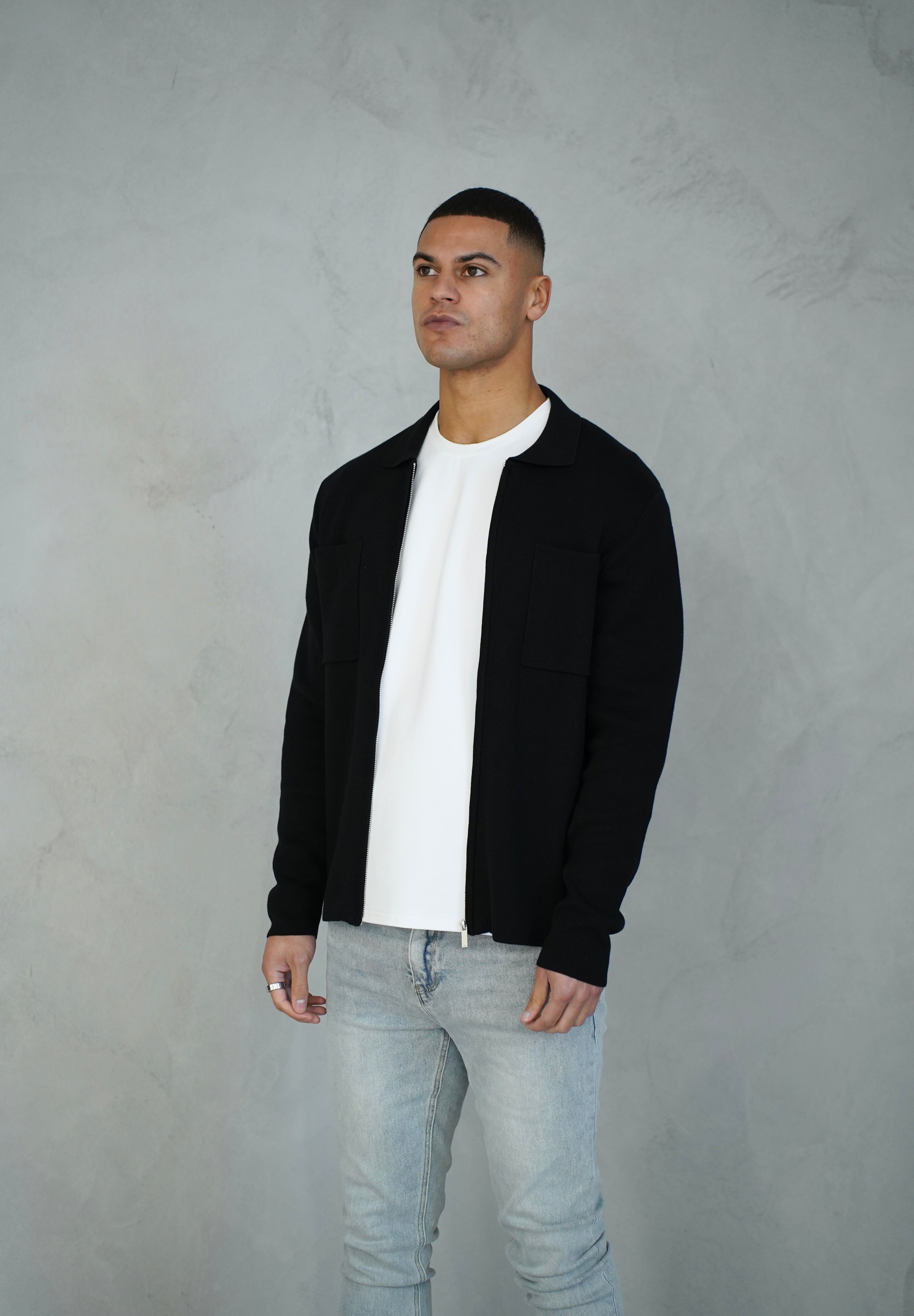 Capo Full Zip Double Pocket Cardigan - Black