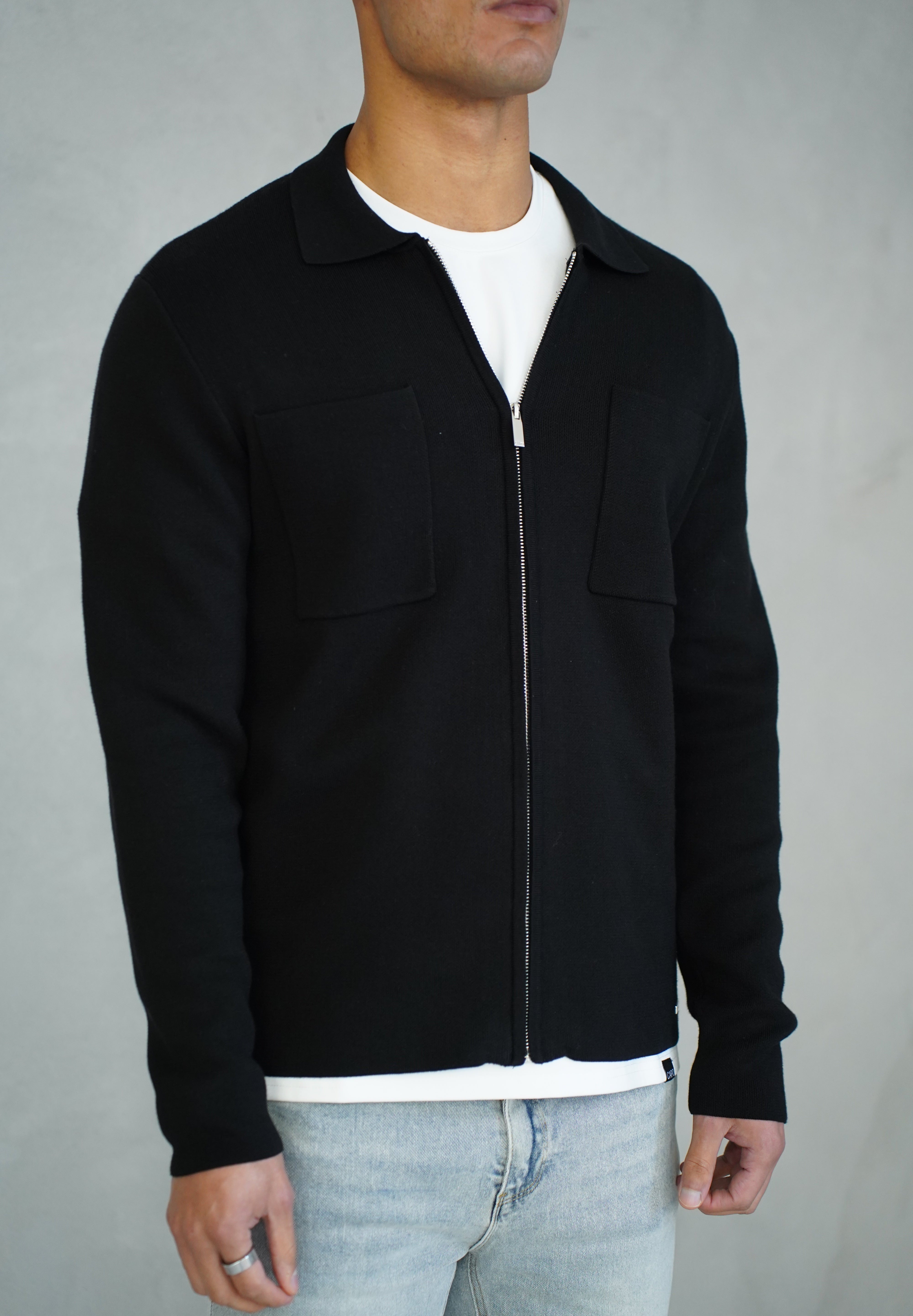 Capo Full Zip Double Pocket Cardigan - Black