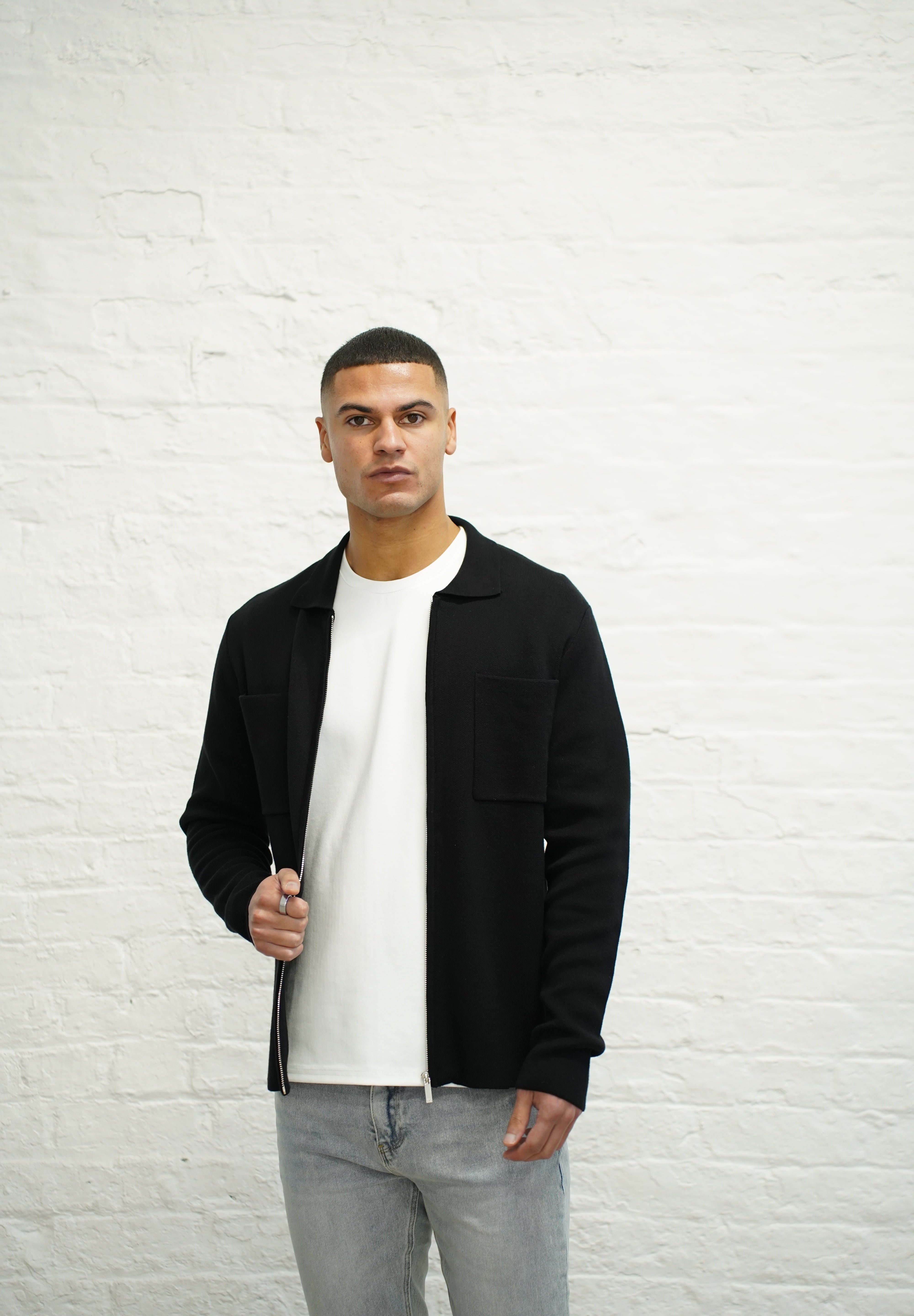 Capo Full Zip Double Pocket Cardigan - Black