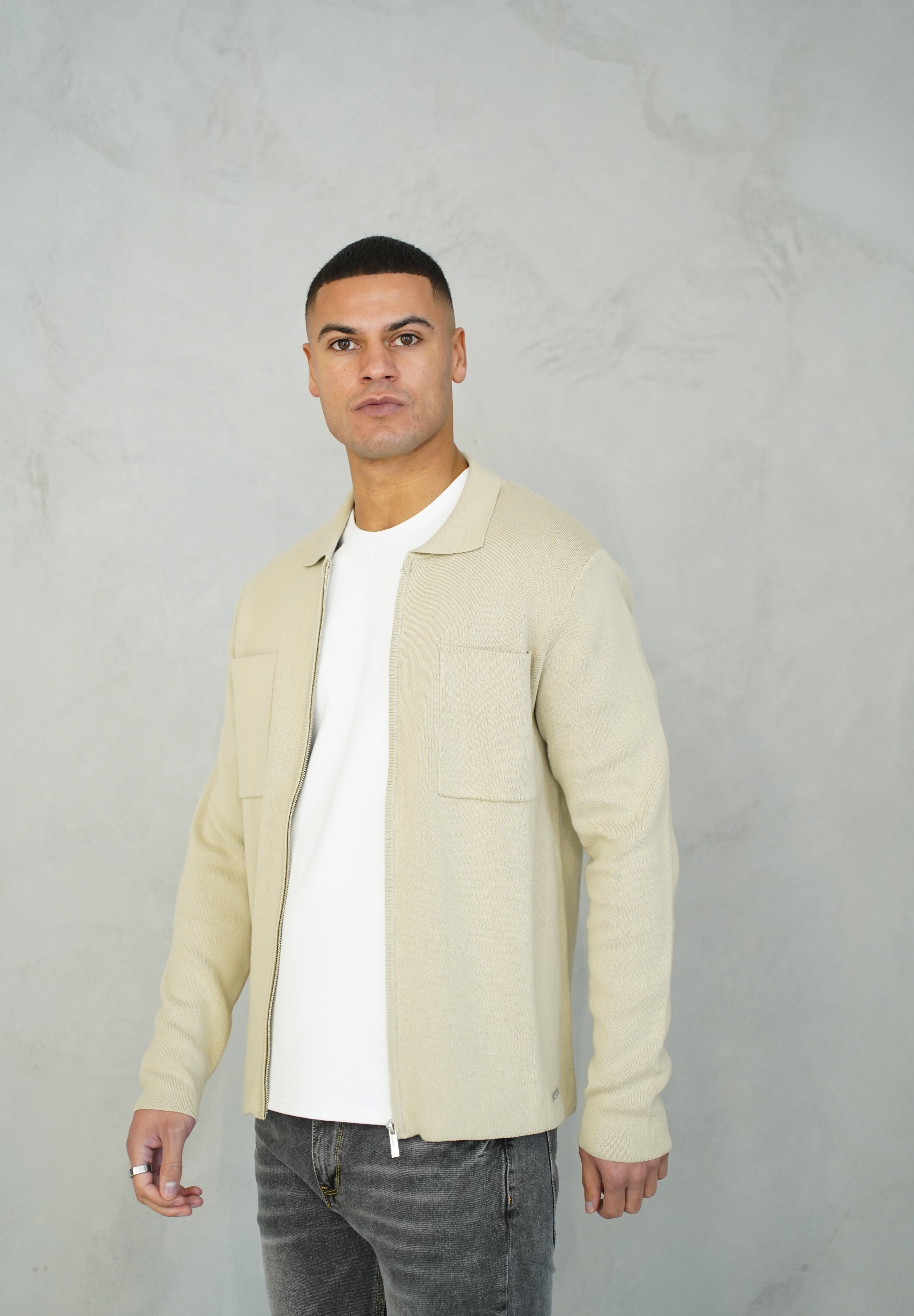 Capo Full Zip Double Pocket Cardigan - Stone