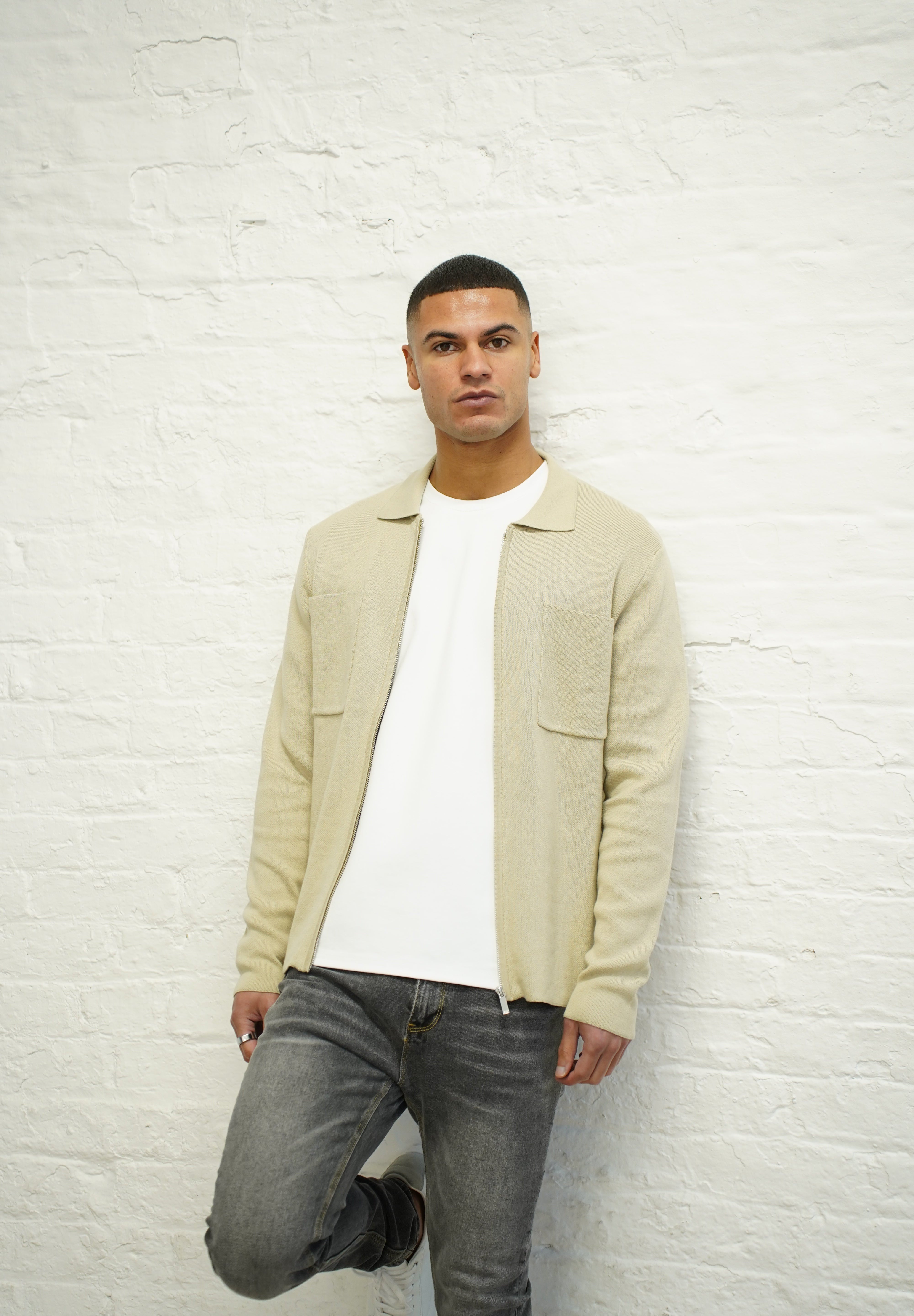Capo Full Zip Double Pocket Cardigan - Stone