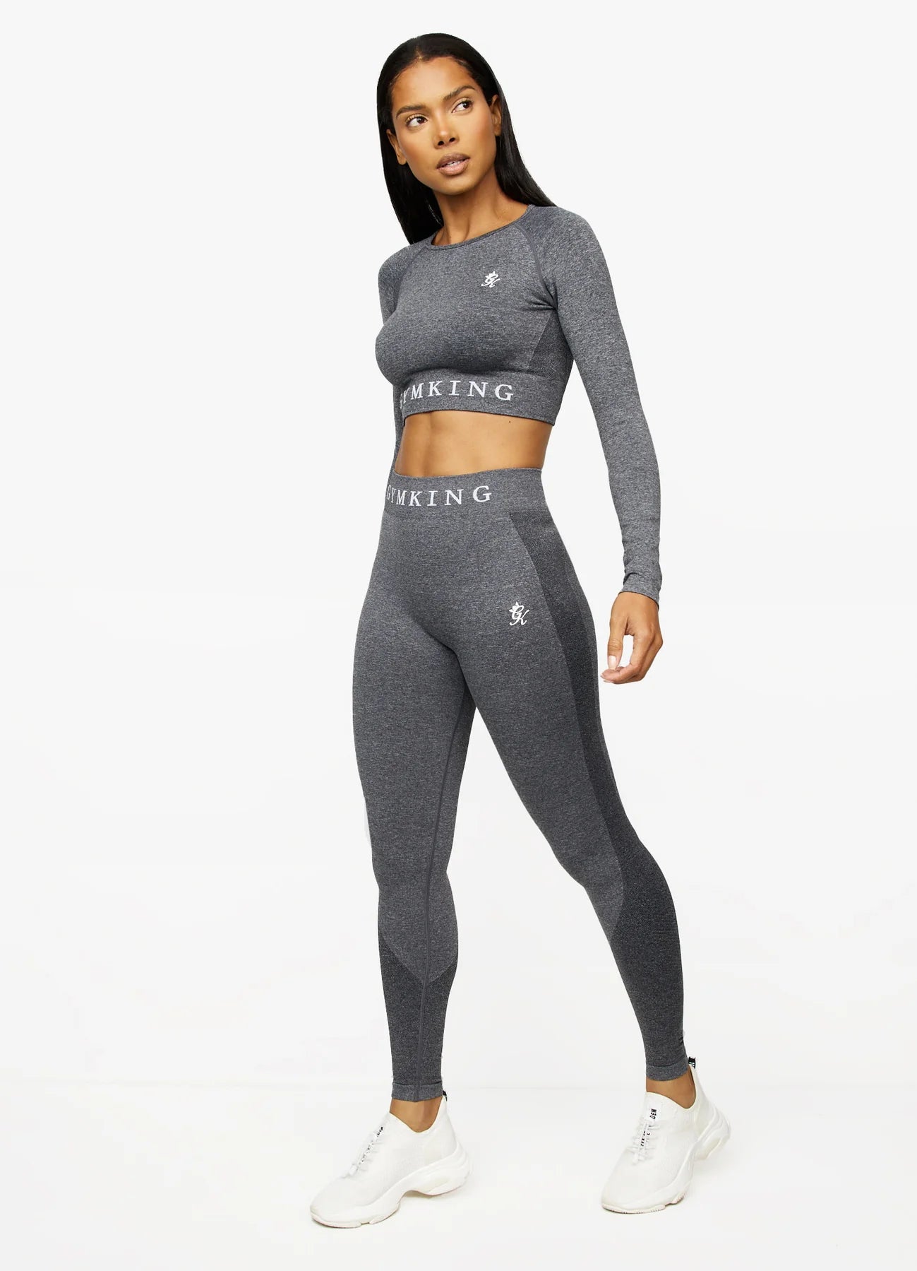 Gym King Seamless Results Long Sleeve Crop - Smoke Grey Marl