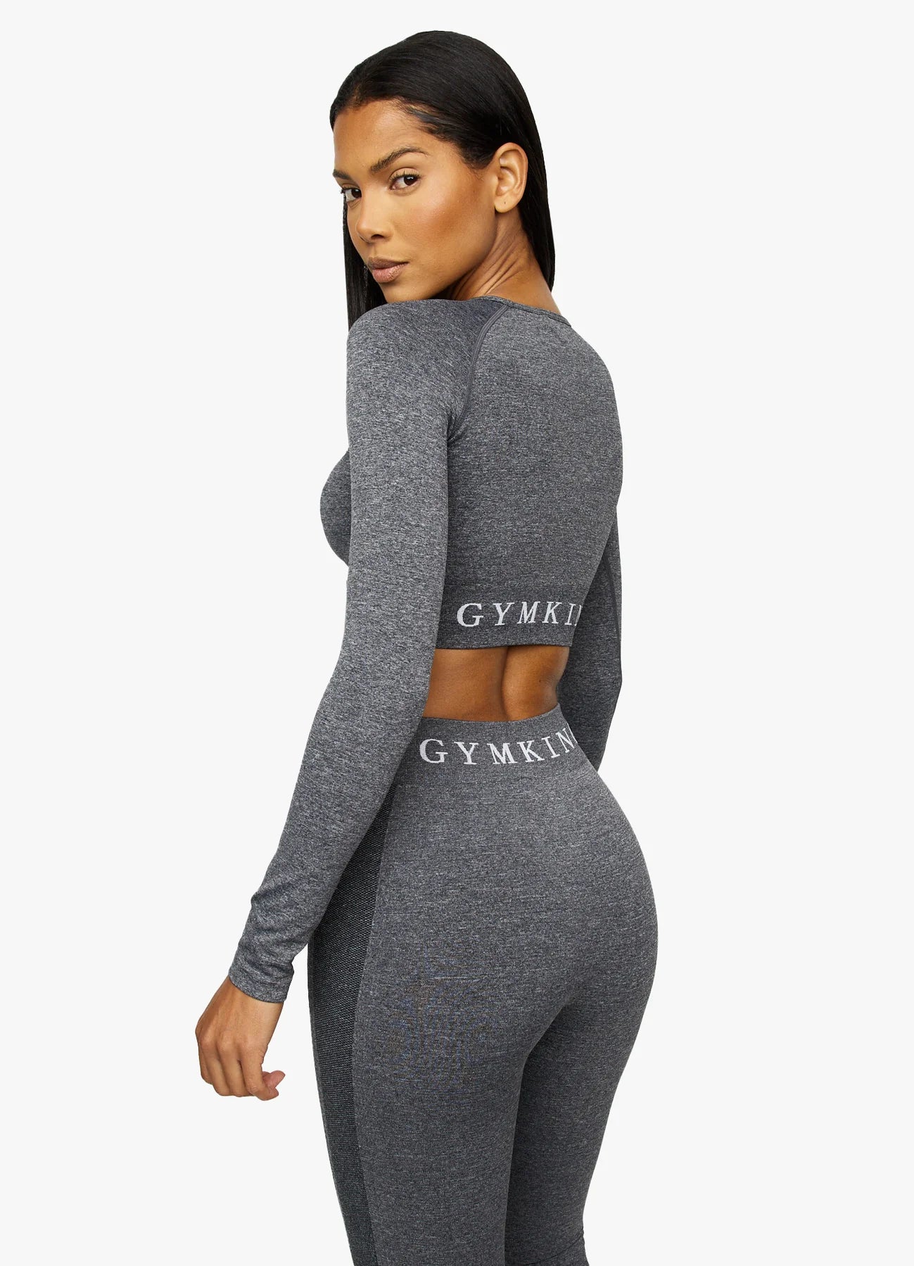 Gym King Seamless Results Long Sleeve Crop - Smoke Grey Marl