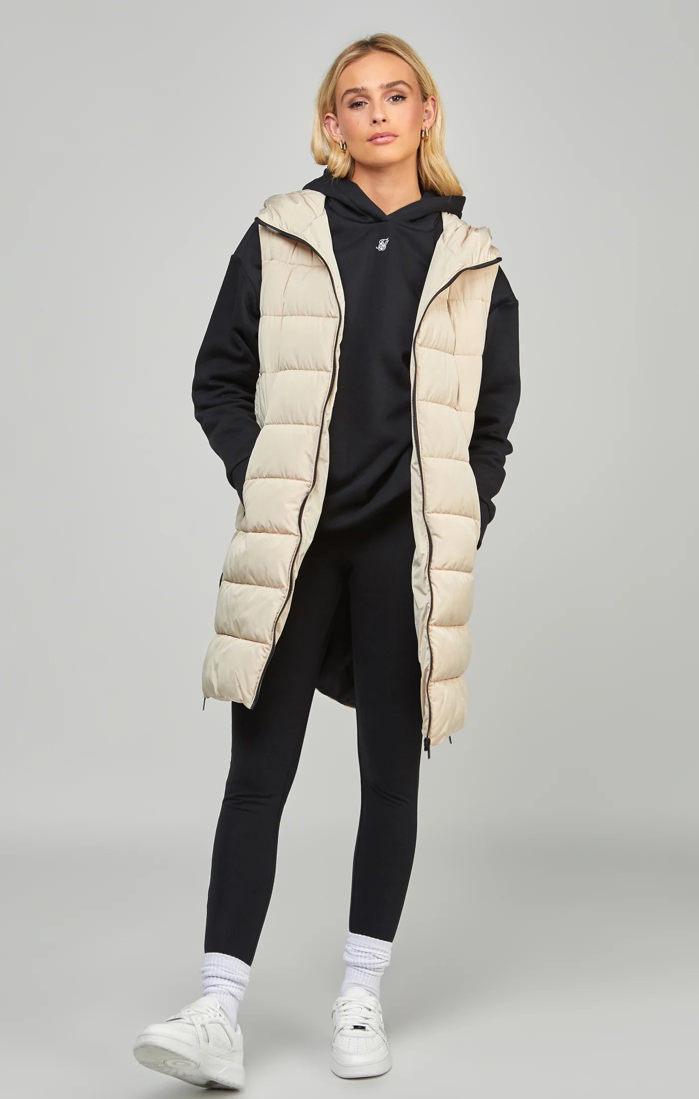 Beige Longline Gilet With Print Detail